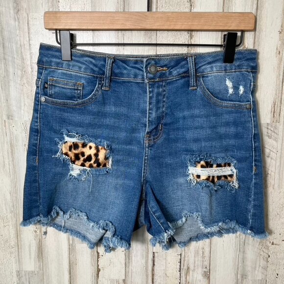 Judy Blue Pants - Judy Blue Denim Shorts Distressed Raw Hem Leopard Print Patches Womens Medium